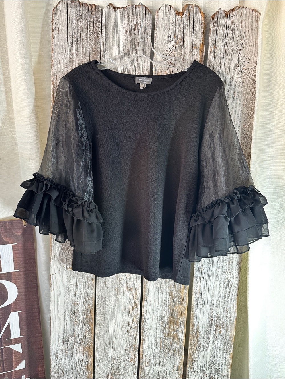 Essentials Black Ruffled-Sleeve Blouse